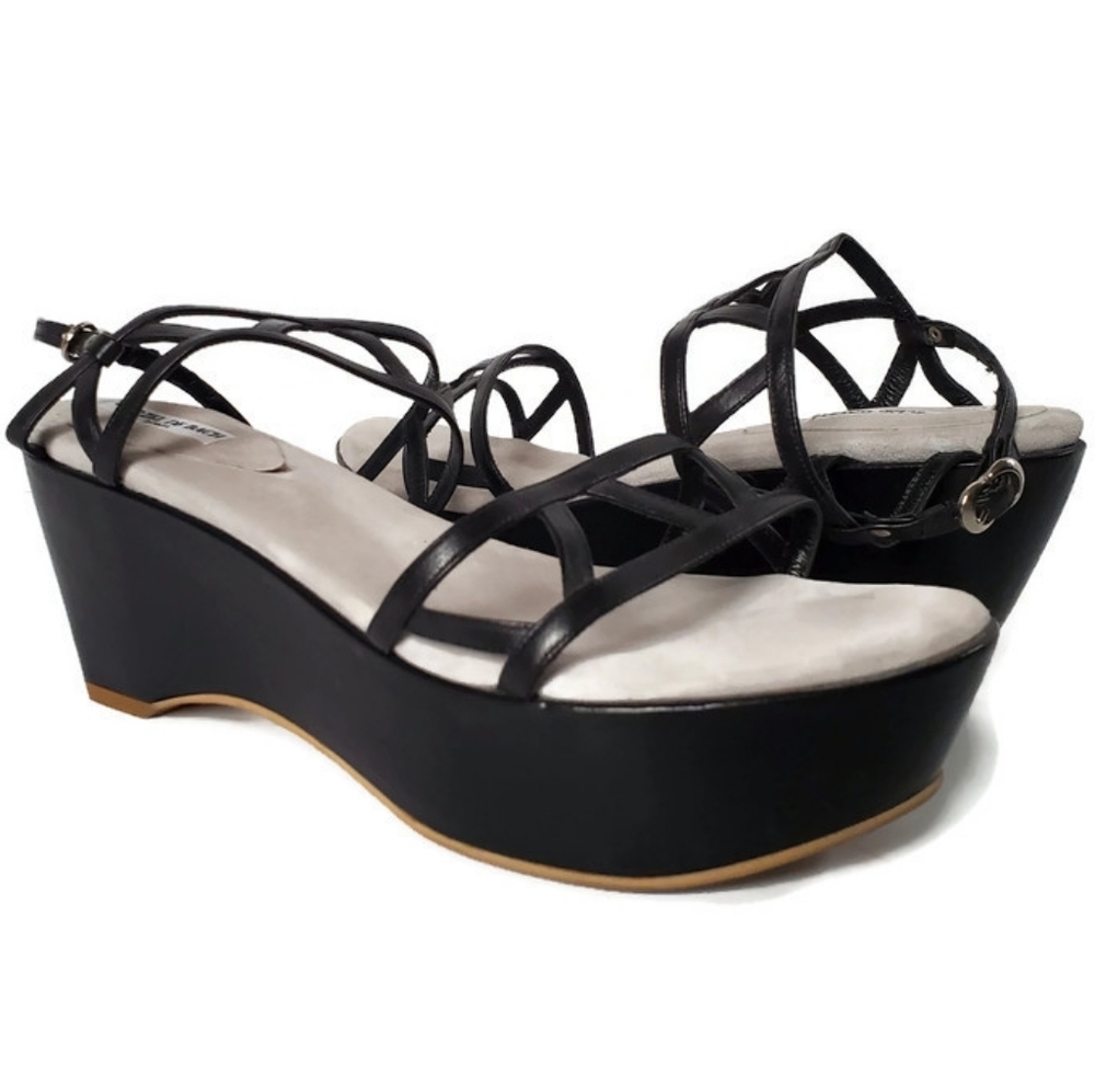 Herzel De Bach Roma Strappy Platform Wedge Sandal Black Leather Womens Euro 39